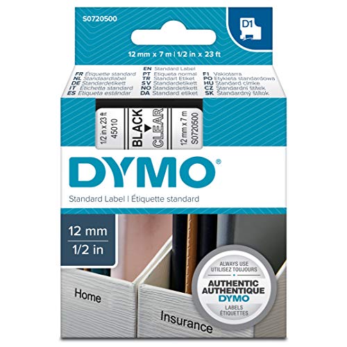 DYMO D1 - Etiquetas Auténticas, Impresión Negra sobre Fondo Transparente, 12 mm × 7 m, Autoadhesivas para Impresoras de Etiquetas LabelManager DYMO D1 - Etiquetas Auténticas, Impresión Negra sobre Fondo Transparente, 12 mm × 7 m, Autoadhesivas para Impresoras de Etiquetas LabelManager