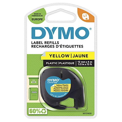 Dymo LetraTag Etiquetas de plástico, rollo de 12 mm x 4 m, Azul sobre Amarillo