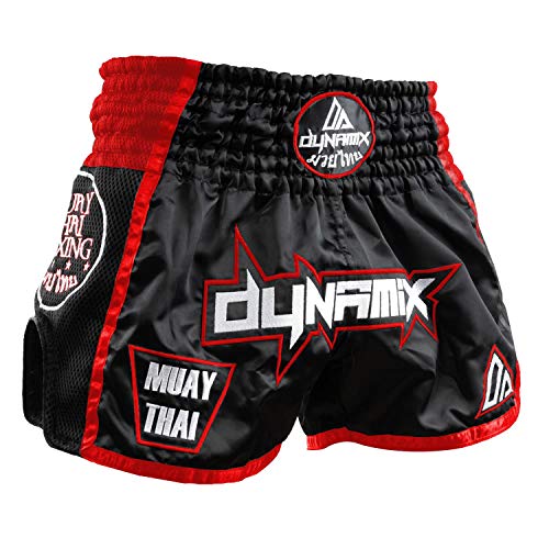 Dynamix Athletics Warpath - Pantalones cortos tailandeses para Muay Thai Boxing para hombre con tejido Air-Tech (talla L), color negro y rojo