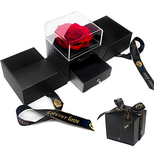 E-MANIS Rosa Eterna Caja de Joyería Ramos Flores Preservadas a Mano Bella y La Bestia, San Valentin Novia Regalos para Bodas de Oro Aniversario Pareja Originales para Mujer tu Madre Cumpleaños Navidad