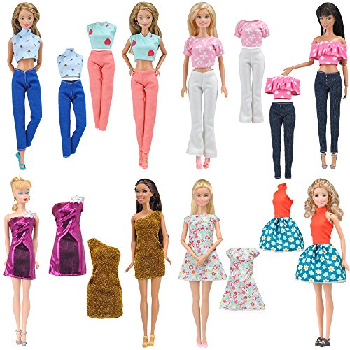 E-TING Lote 15 artículos = 5 Conjuntos Aleatorio Faldas Vestir Vestidos Ropa + 10 Pares de Zapatos para Muñecas Barbie Doll