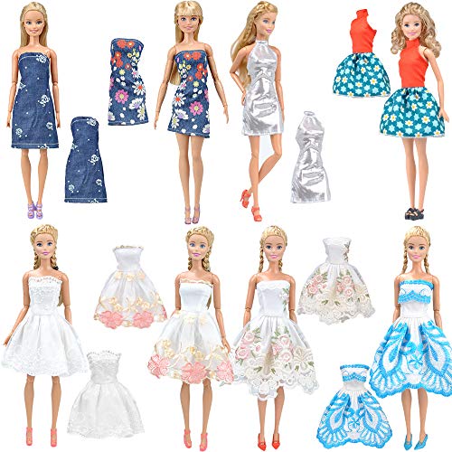 E-TING Lote 15 artículos = 5 Conjuntos Aleatorio Faldas Vestir Vestidos Ropa + 10 Pares de Zapatos para Muñecas Barbie Doll