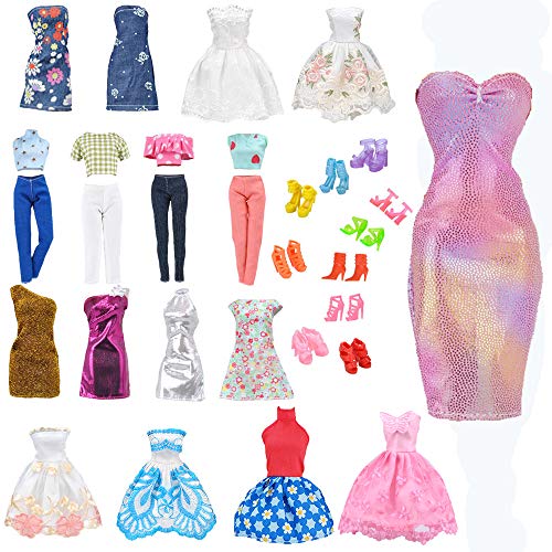 E-TING Lote 15 artículos = 5 Conjuntos Aleatorio Faldas Vestir Vestidos Ropa + 10 Pares de Zapatos para Muñecas Barbie Doll