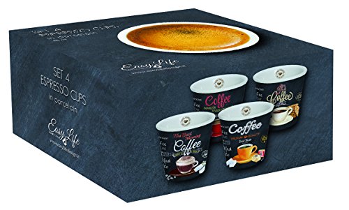 EASY LIFE Juego de 4 Tazas de Espresso, Porcelana, Multicolor, 12.5 x 12.5 x 7 cm