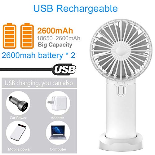 EasyULT Mini Ventilador de Mano USB, con 5200mAh Batería, Recargable USB Ventilador Portátil, 3 Velocidades Ajustable y Base Escritorio para al Hogar, Oficina, Viajes, Picnic-Blanco