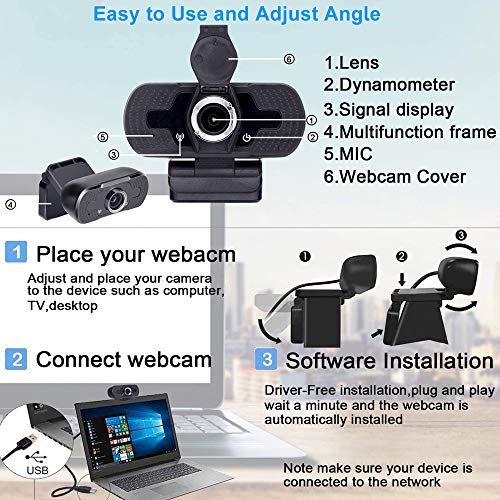 EasyULT Webcam 1080P Full HD, con Cubierta de Privacidad, PC Cámara Web de Alta Definiciócon Micrófono Reductor de Ruido y Corrección de iluminación Automática USB Plug and Play, para PC, Portátil