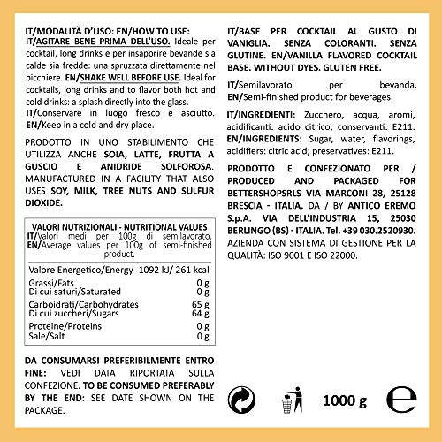 EATALIAN Everyday Syrup, Sirope de Vainilla 1 Kg, Ideal para Cócteles, Longdrinks o para dar sabor a bebidas frías y calientes, Made in Italy,Sin Gluten, Vegano EATALIAN Everyday Syrup, Sirope de Vainilla 1 Kg, Ideal para Cócteles, Longdrinks o para dar sabor a bebidas frías y calientes, Made in Italy,Sin Gluten, Vegano