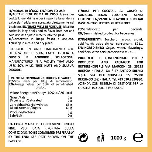 EATALIAN Everyday Syrup, Sirope de Vainilla 1 Kg, Ideal para Cócteles, Longdrinks o para dar sabor a bebidas frías y calientes, Made in Italy,Sin Gluten, Vegano