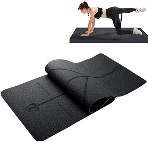 Eco Friendly Yoga Mat Sports Mat Fitness Mat con líneas de alineación, TPE Non-Slip Training Mat Adecuado para Gimnasio o Yoga Ambiental Familiar (72" X 23" X 6mm)(Color:Black,Size:0.6cm)