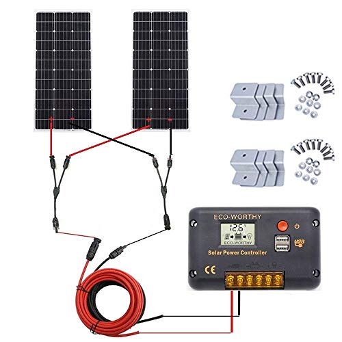 ECO-WORTHY 200 vatios (2 piezas 100 vatios) Panel solar monocristalino completo Kit de barco RV sin conexión a la red con controlador de carga LCD + cable solar + soportes de montaje ECO-WORTHY 200 vatios (2 piezas 100 vatios) Panel solar monocristalino completo Kit de barco RV sin conexión a la red con controlador de carga LCD + cable solar + soportes de montaje