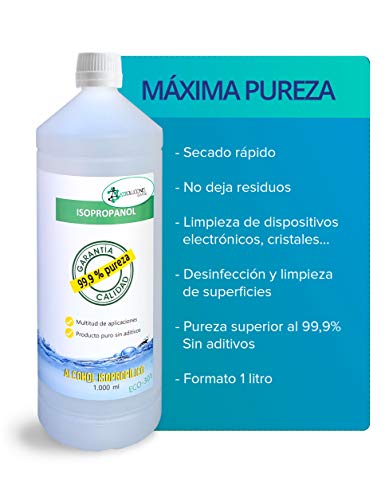 Ecosoluciones Químicas - 1 litro | Alcohol Isopropílico 99,9% Alta pureza IPA | Limpieza componentes electrónicos, Objetivos, Pantallas. Desengrasante. Desinfección y Limpieza Superficies Ecosoluciones Químicas - 1 litro | Alcohol Isopropílico 99,9% Alta pureza IPA | Limpieza componentes electrónicos, Objetivos, Pantallas. Desengrasante. Desinfección y Limpieza Superficies