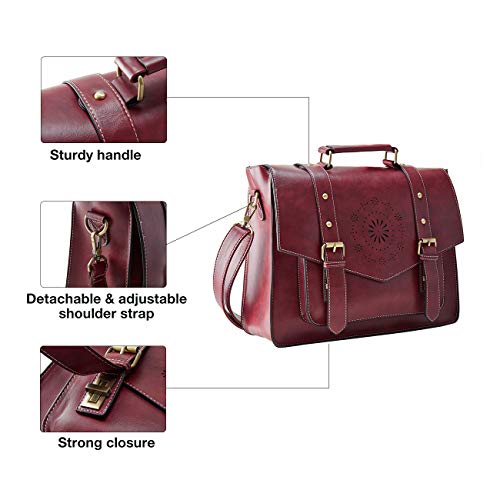 ECOSUSI Bolso de Maletín de Cuero PU para Mujer Bolso de Hombro Bolso de Mensajero para Computadora Portátil Vintage para Mujer Bolso de Trabajo de 14.7 Pulgadas Rojo