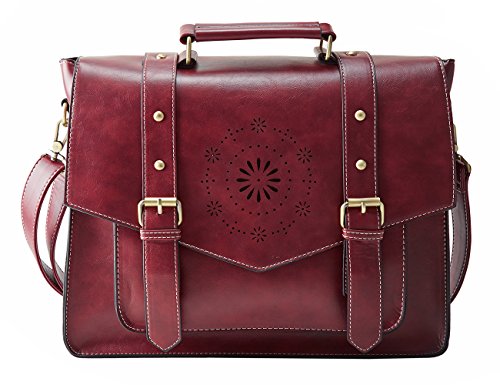 ECOSUSI Bolso de Maletín de Cuero PU para Mujer Bolso de Hombro Bolso de Mensajero para Computadora Portátil Vintage para Mujer Bolso de Trabajo de 14.7 Pulgadas Rojo