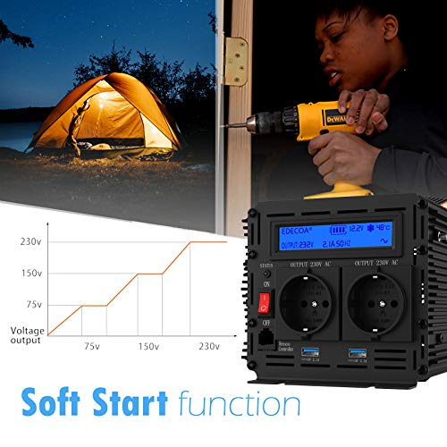 EDECOA inversor 12v 220v onda pura 1500w transformador de corriente ONDA PURA con MANDO a DISTANCIA, USB y pantalla LCD EDECOA inversor 12v 220v onda pura 1500w transformador de corriente ONDA PURA con MANDO a DISTANCIA, USB y pantalla LCD