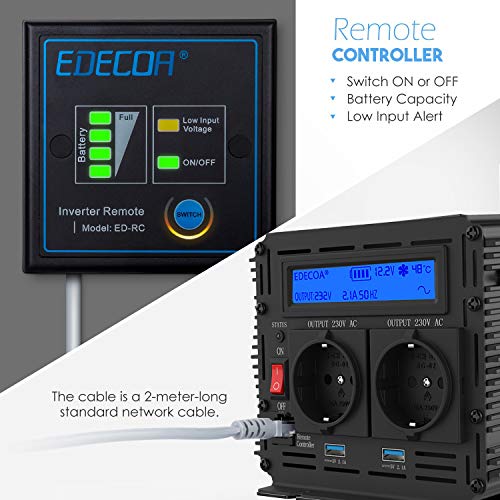 EDECOA inversor 12v 220v onda pura 1500w transformador de corriente ONDA PURA con MANDO a DISTANCIA, USB y pantalla LCD EDECOA inversor 12v 220v onda pura 1500w transformador de corriente ONDA PURA con MANDO a DISTANCIA, USB y pantalla LCD