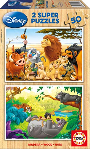 Educa- Disney Animal Friends: Rey Leon y El Libro de la Selva 2 Puzzles infantiles de madera ecológica de 50 piezas, a partir de 4 años (13144)