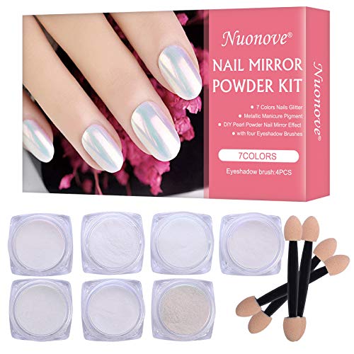 Efecto Espejo Uñas Polvo, Polvo para Uñas, Nail Art Powder Mirror, Polvo Espejo para Uñas, Uñas Metálicas en Polvo, efecto espejo de uñas en polvo de perla DIY con 4 pcs de sombra de ojos, 7 Cajas