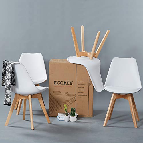 EGGREE Pack de 4 Tulip Sillas de Comedor Sillas Cocina Nórdico con Asiento Tapizado y Las piernas de Madera de Haya Maciza - Blanco