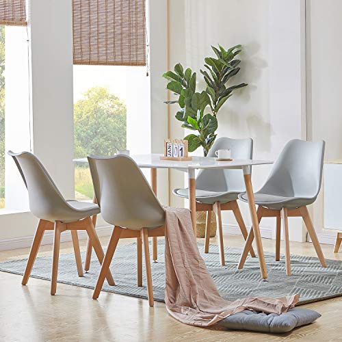 EGGREE Pack de 4 Tulip Sillas de Comedor Sillas Cocina Nórdico con Asiento Tapizado y Las piernas de Madera de Haya Maciza - Blanco