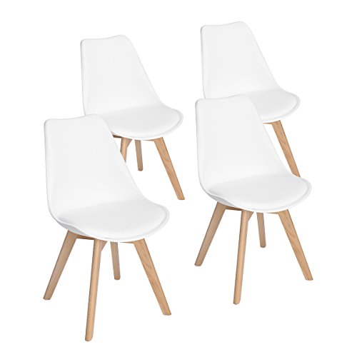 EGGREE Pack de 4 Tulip Sillas de Comedor Sillas Cocina Nórdico con Asiento Tapizado y Las piernas de Madera de Haya Maciza - Blanco