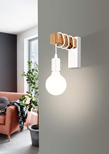 EGLO Townshend - Lámpara de pared (1 foco, diseño industrial, retro, acero y madera, color blanco, marrón, casquillo E27)
