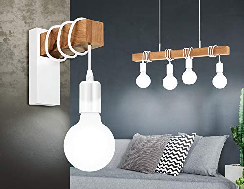 EGLO Townshend - Lámpara de pared (1 foco, diseño industrial, retro, acero y madera, color blanco, marrón, casquillo E27)
