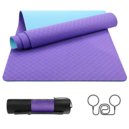 EgoIggo Esterilla Yoga Antideslizante, Yoga Mat Colchoneta Yoga Alfombrilla Deporte. Esterilla Pilates de 183cmx61cm, 6mm Grosor de Ecológico TPE. con Bolsa Y Correa de Hombro.Púrpura Claro-Azul Claro