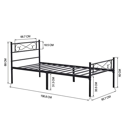 EGOONM Marco de Cama de Metal- Estructura de Cama de Metal con patrón, con Almacenamiento Grande y para Adultos, Negro (90 X 190)