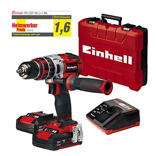 Einhell TE-CD 18 Li-i BL Power-X-Change - Taladro percutor inalámbrico 18V con 2 baterías (2Ah), cargador y maletín, sin escobillas, 2 velocidades, 60 Nm, luz LED