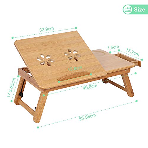 Ejoyous Mesa para ordenador portátil como bandeja para cama o sofá de madera, altura regulable, con cajón, mesa de cama para lectura o desayuno y dibujos, soporte para tablet plegable