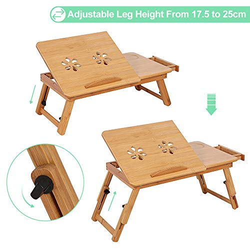 Ejoyous Mesa para ordenador portátil como bandeja para cama o sofá de madera, altura regulable, con cajón, mesa de cama para lectura o desayuno y dibujos, soporte para tablet plegable