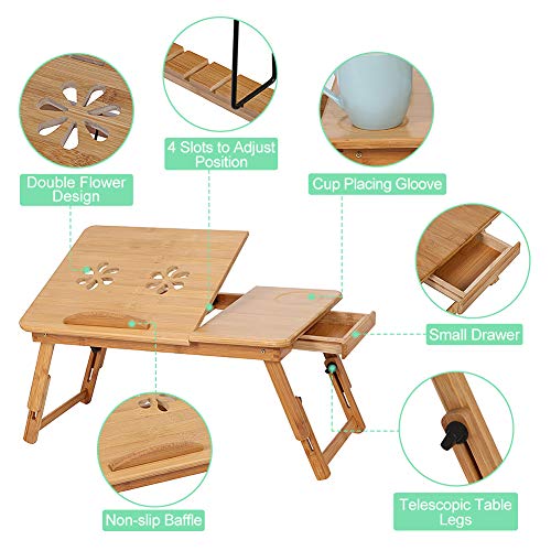 Ejoyous Mesa para ordenador portátil como bandeja para cama o sofá de madera, altura regulable, con cajón, mesa de cama para lectura o desayuno y dibujos, soporte para tablet plegable