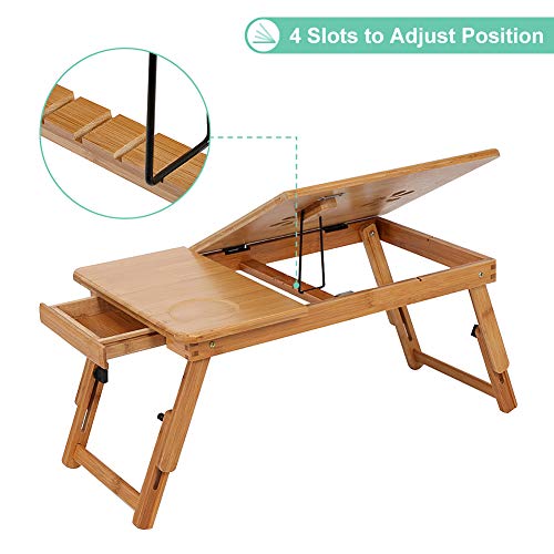 Ejoyous Mesa para ordenador portátil como bandeja para cama o sofá de madera, altura regulable, con cajón, mesa de cama para lectura o desayuno y dibujos, soporte para tablet plegable