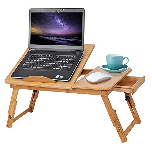 Ejoyous Mesa para ordenador portátil como bandeja para cama o sofá de madera, altura regulable, con cajón, mesa de cama para lectura o desayuno y dibujos, soporte para tablet plegable
