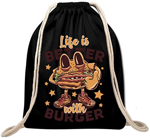 Ekate Fast Food Funny Life is Better with Burger - Mochila de gimnasio, color negro Ekate Fast Food Funny Life is Better with Burger - Mochila de gimnasio, color negro