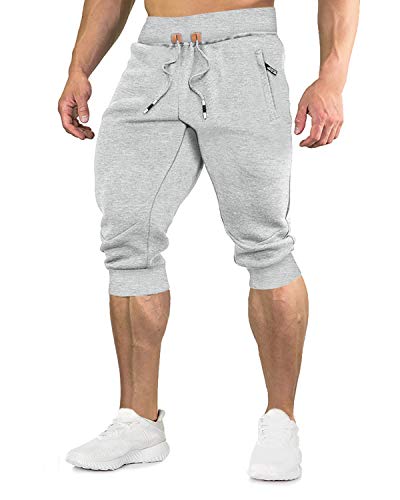 EKLENTSON Pantalones Cortos Casuales de algodón 3/4 para Hombre Transpirables para Correr Gimnasio con Bolsillo con Cremallera Color Gris Tamaño W40