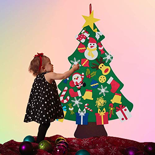 El árbol de Navidad del Fieltro de los 3.3FT DIY fijó + los Ornamentos Desmontables 30pcs, Regalos Colgantes de Navidad de la Pared para Las Decoraciones de la Navidad（Con cadena de luz LED）