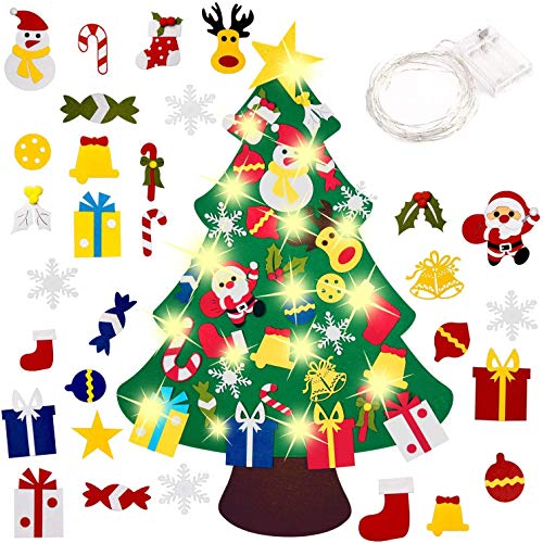 El árbol de Navidad del Fieltro de los 3.3FT DIY fijó + los Ornamentos Desmontables 30pcs, Regalos Colgantes de Navidad de la Pared para Las Decoraciones de la Navidad（Con cadena de luz LED）