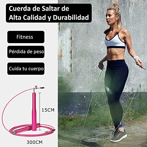 El Ático Fitness Cuerda para Saltar. Comba Crossfit con Rotación. Cuerda de Saltar con Cable de Acero de 3 Metros. Comba para Saltar de Aluminio Ajustable. Cuerda Boxeo o Fitness. Color Rosa.