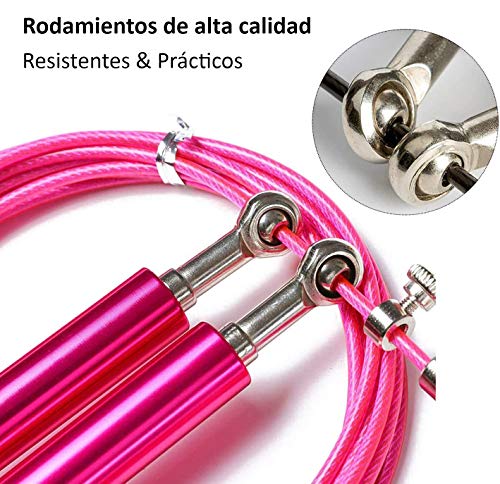 El Ático Fitness Cuerda para Saltar. Comba Crossfit con Rotación. Cuerda de Saltar con Cable de Acero de 3 Metros. Comba para Saltar de Aluminio Ajustable. Cuerda Boxeo o Fitness. Color Rosa.