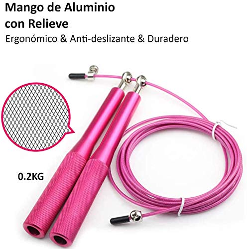 El Ático Fitness Cuerda para Saltar. Comba Crossfit con Rotación. Cuerda de Saltar con Cable de Acero de 3 Metros. Comba para Saltar de Aluminio Ajustable. Cuerda Boxeo o Fitness. Color Rosa.