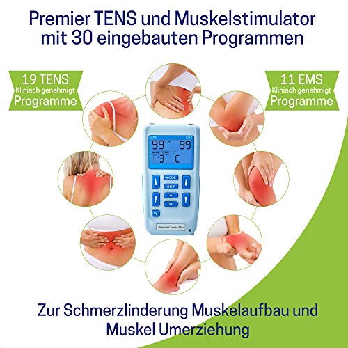 El dispositivo TENS combinado con estimulador muscular Premier Plus es fácil de recargar con dos canales y dispone de 30 programas preestablecidos para aliviar el dolor y regenerar los músculos.