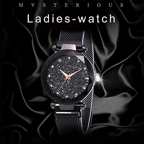 El más Nuevo Reloj Starry Sky a Prueba de Agua, Correa magnética con Hebilla, Reloj de Acero Inoxidable para Mujeres niñas (Black)