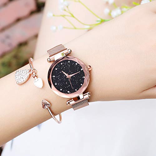 El más Nuevo Reloj Starry Sky a Prueba de Agua, Correa magnética con Hebilla, Reloj de Acero Inoxidable para Mujeres niñas (Black)