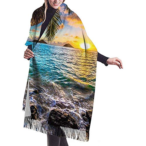 Elaine-Shop Bufanda para mujer Sunrise Beach Agua de mar Árbol elíptico Bufanda a cuadros con borla clásica Bufanda cálida de otoño e invierno