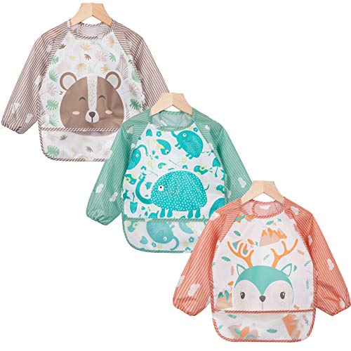 ElecMotive 3 pcs Babero con Mangas Impermeable Babero de Manga larga Niños Niñas 6-36 Meses