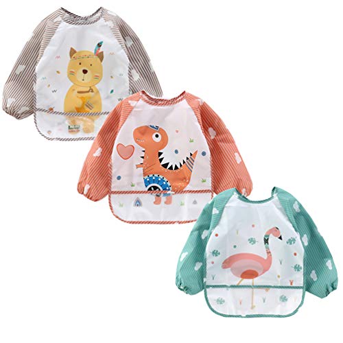 ElecMotive 3 Piezas Babero con Mangas EVA Impermeable Babero de Manga larga Niños Niñas 6-36 Meses