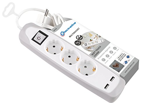Electraline Gummy 62153 Regleta Base 3 Enchufes y 2 USB 2.1A - Cover de silicona - cable 2 m clavija plana Electraline Gummy 62153 Regleta Base 3 Enchufes y 2 USB 2.1A - Cover de silicona - cable 2 m clavija plana
