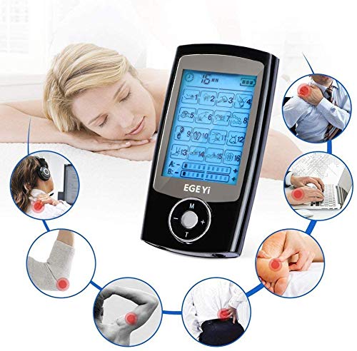 Electroestimulador digital, para aliviar el dolor muscular y el fortalecimiento muscular, masaje, EMS, TENS, pantalla LCD azul,8 electrodos autoadhesivos, 16 Programas de masaje