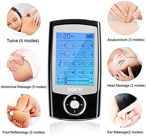Electroestimulador digital, para aliviar el dolor muscular y el fortalecimiento muscular, masaje, EMS, TENS, pantalla LCD azul,8 electrodos autoadhesivos, 16 Programas de masaje